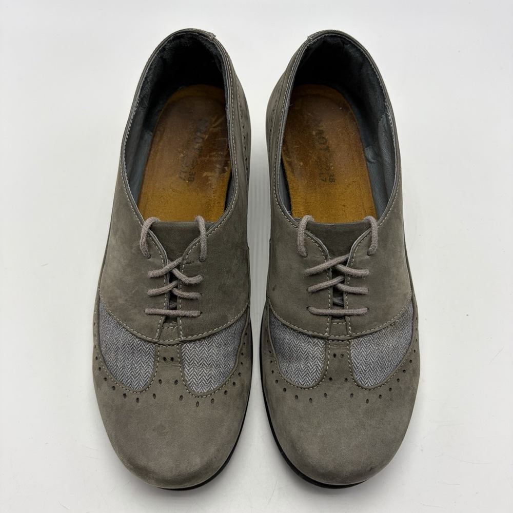 Naot Womens 7 Gray Leather Oxford Heels Lace Up Shoes Preppy English Academia